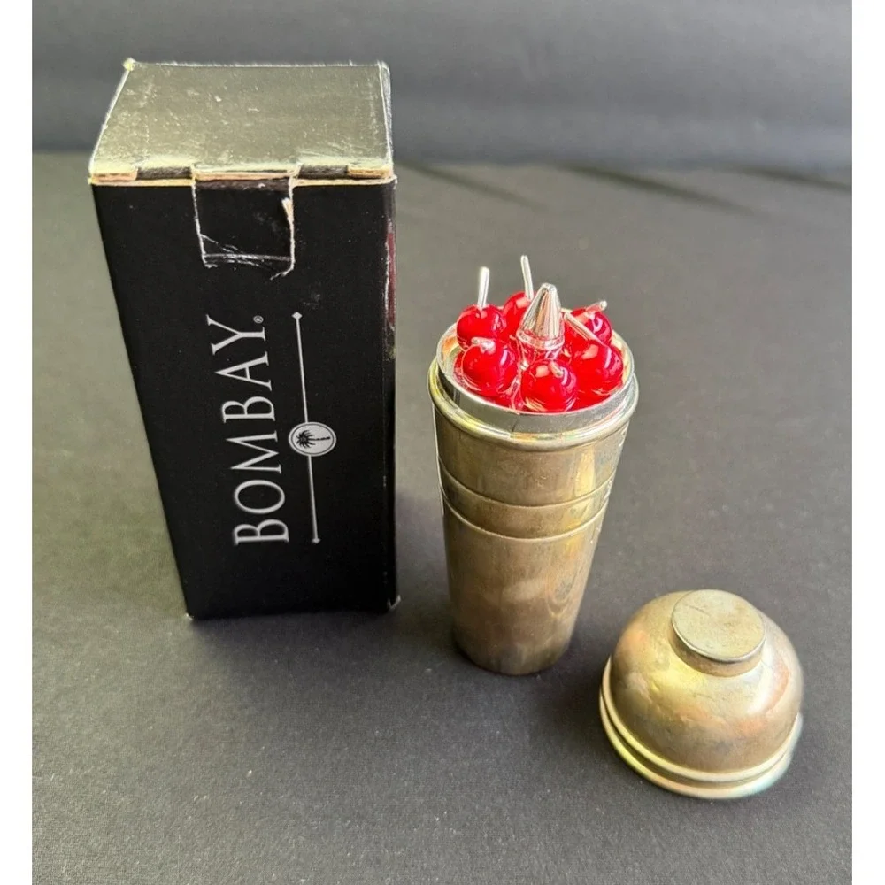 Vintage Bombay Silver Mini Cocktail Shaker Cherry Cocktail‎ Sticks Picks Jigger